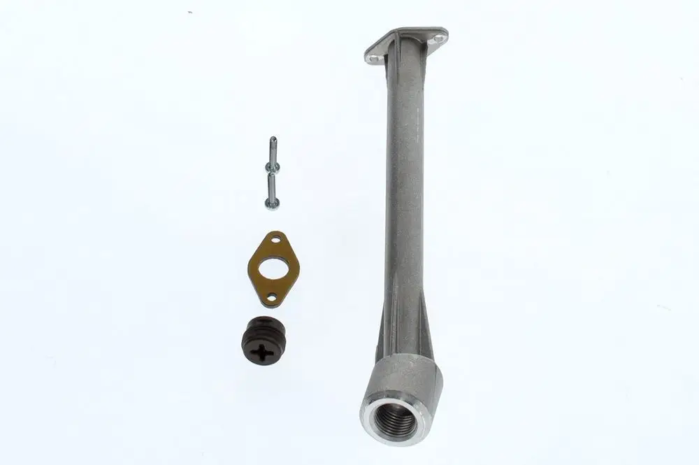 Bosch Rohrstutzen aus Metall mit Anschlussgewinde, kombiniert mit einer Dichtung, einer Unterlegscheibe und einer Schraube zur Befestigung.